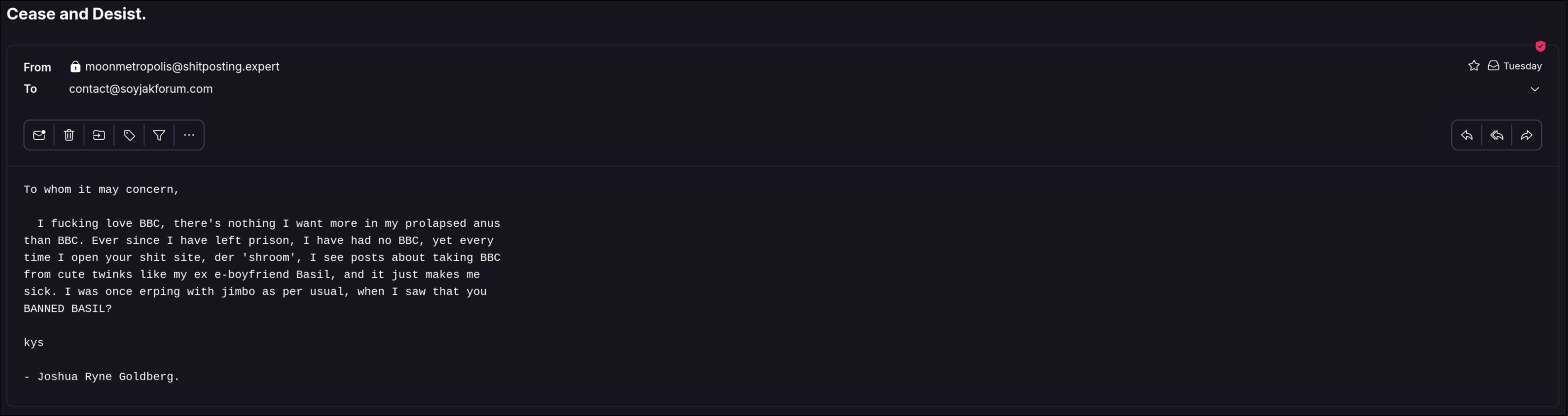 Thread 'Our First Cease and Desist'